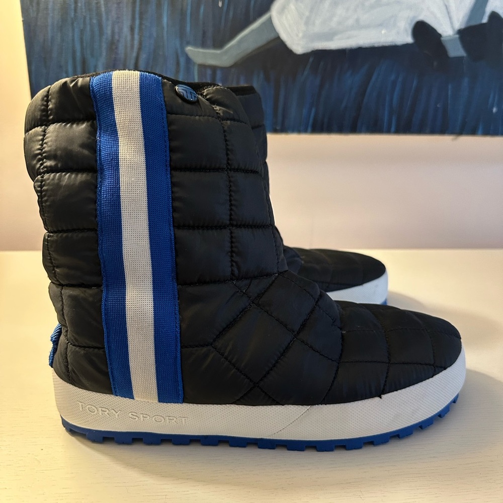 Tory Burch Black Quilted Boots with Blue and White Stripes